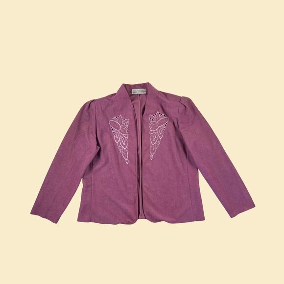 1980s velour blazer w/ leaf embroidery, vintage womens L to XL open faced jacket - Picture 1 of 8